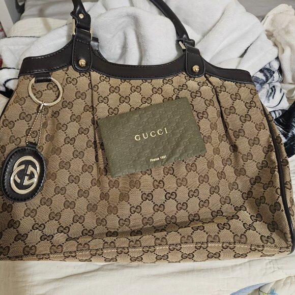 GUCCI Medium Sukey Canvas Leather Tote Bag Authentic Neutral Brown Tan - Picture 5 of 5